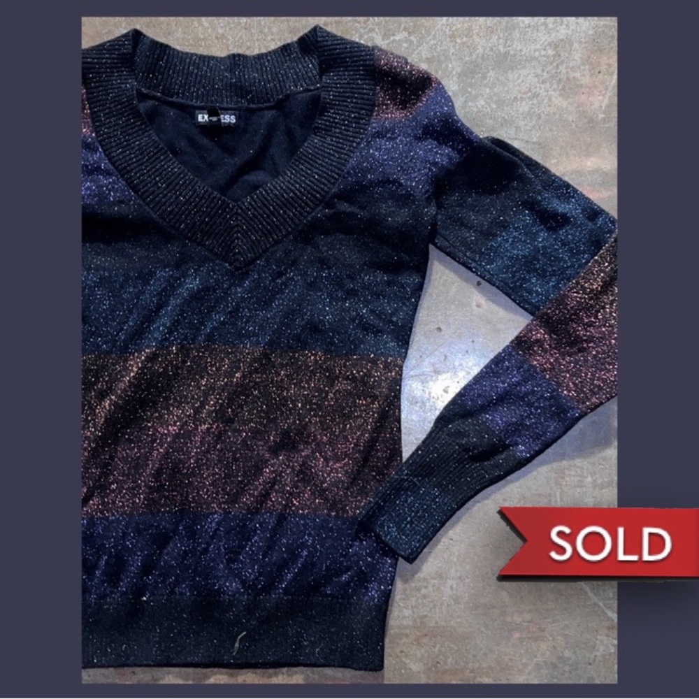 Multicolored rainbow glitter long sleeve v-neck sweater Express, size XS.